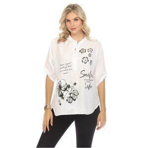 Modern Floral Silver Black Print Priest neck Top